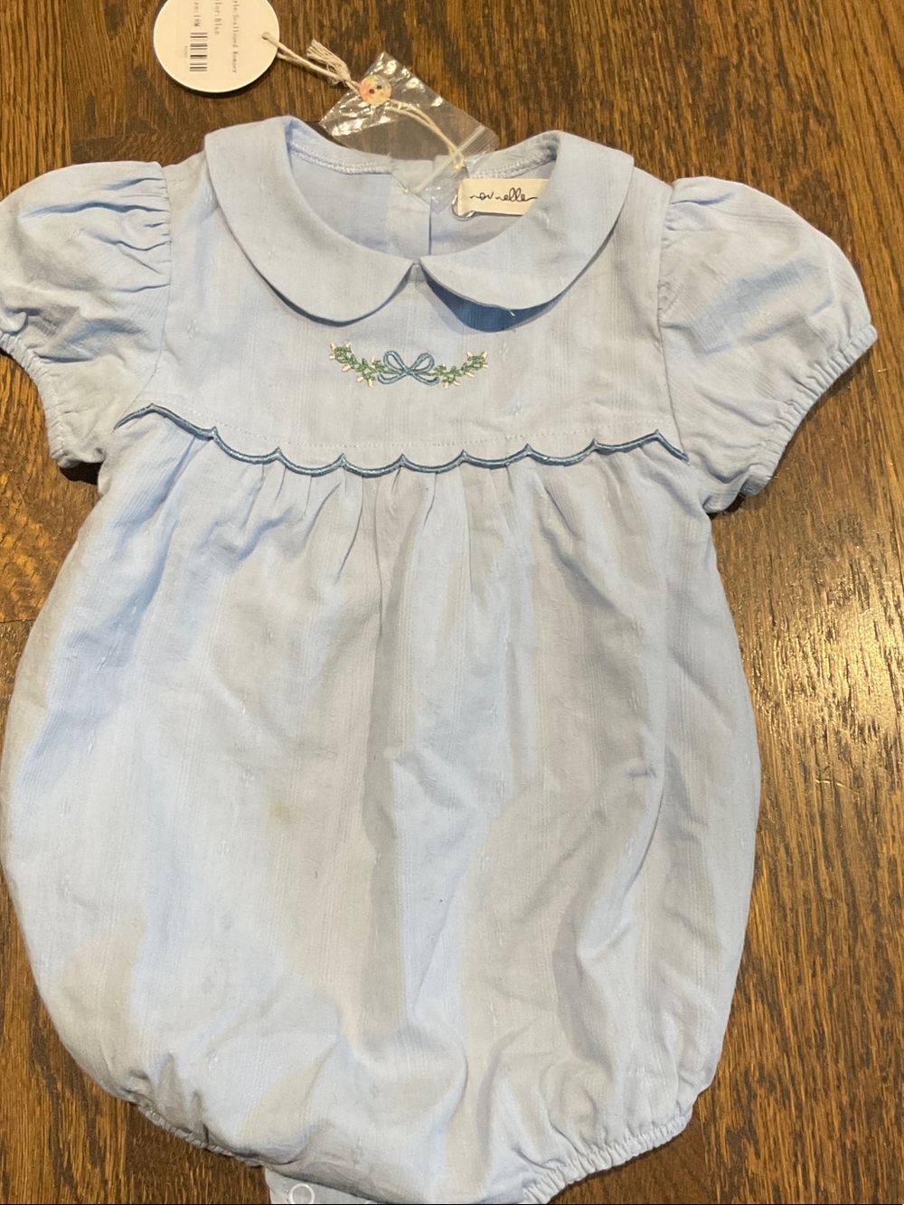 Light Blue Baby Bubble Romper with Embroidered Bow
